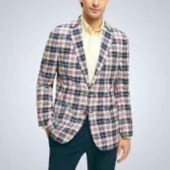 Brooks Brothers Madras Blazer Madison Fit Men's Size 46R Read White Blue Green